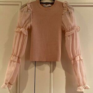 Zara Pink Ribbed Knit Sweater with Ruffle Chiffon Puff Sleeves - Size Small